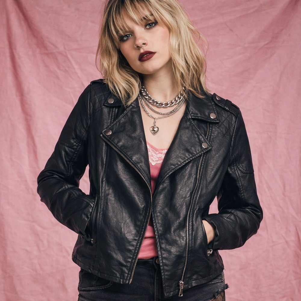Dollhouse Black Leather Jacket Moto Biker Quilted Faux Vegan  Size Large